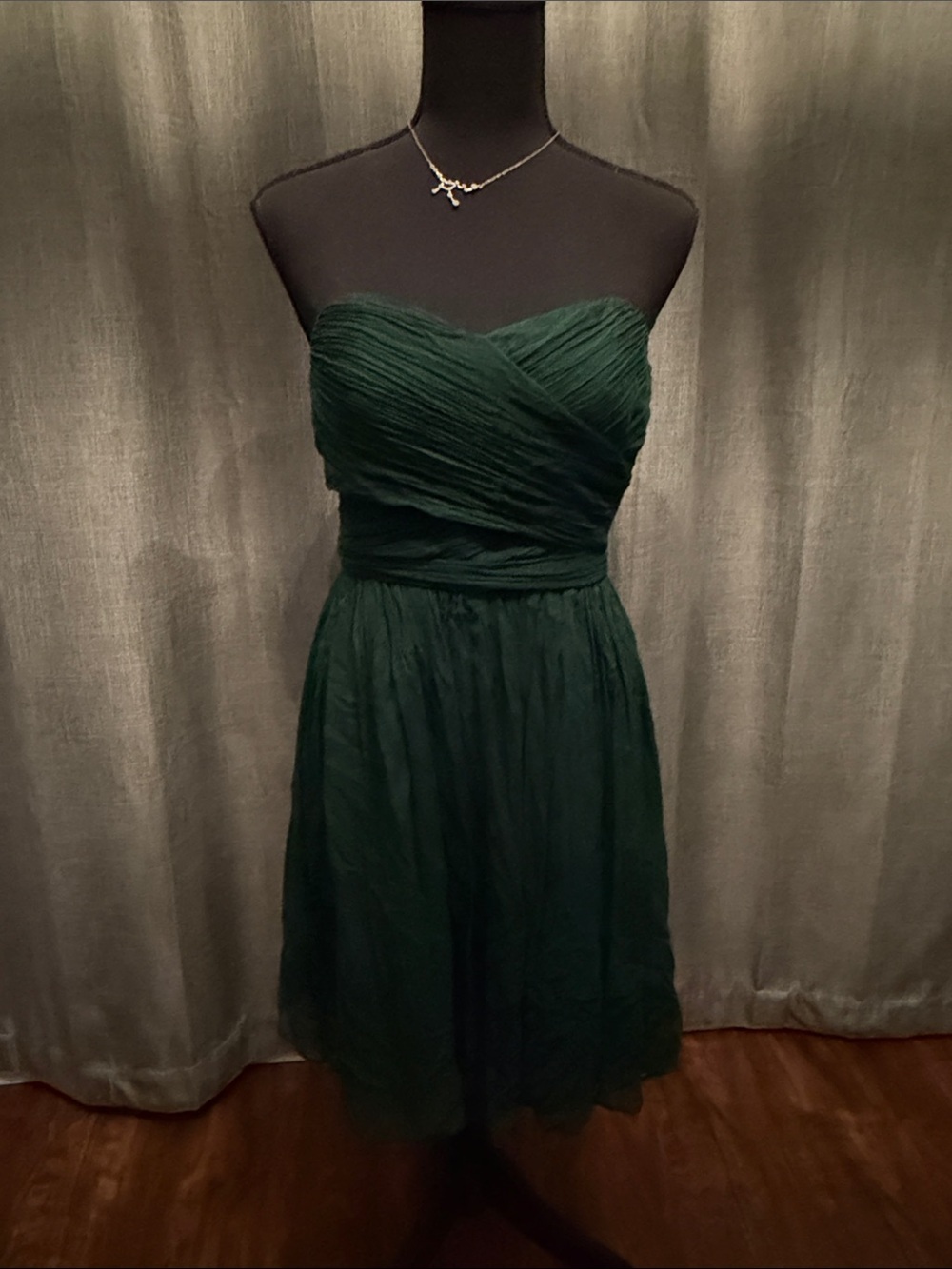 J. Crew Strapless Forest Green Ruched Chiffon Dress